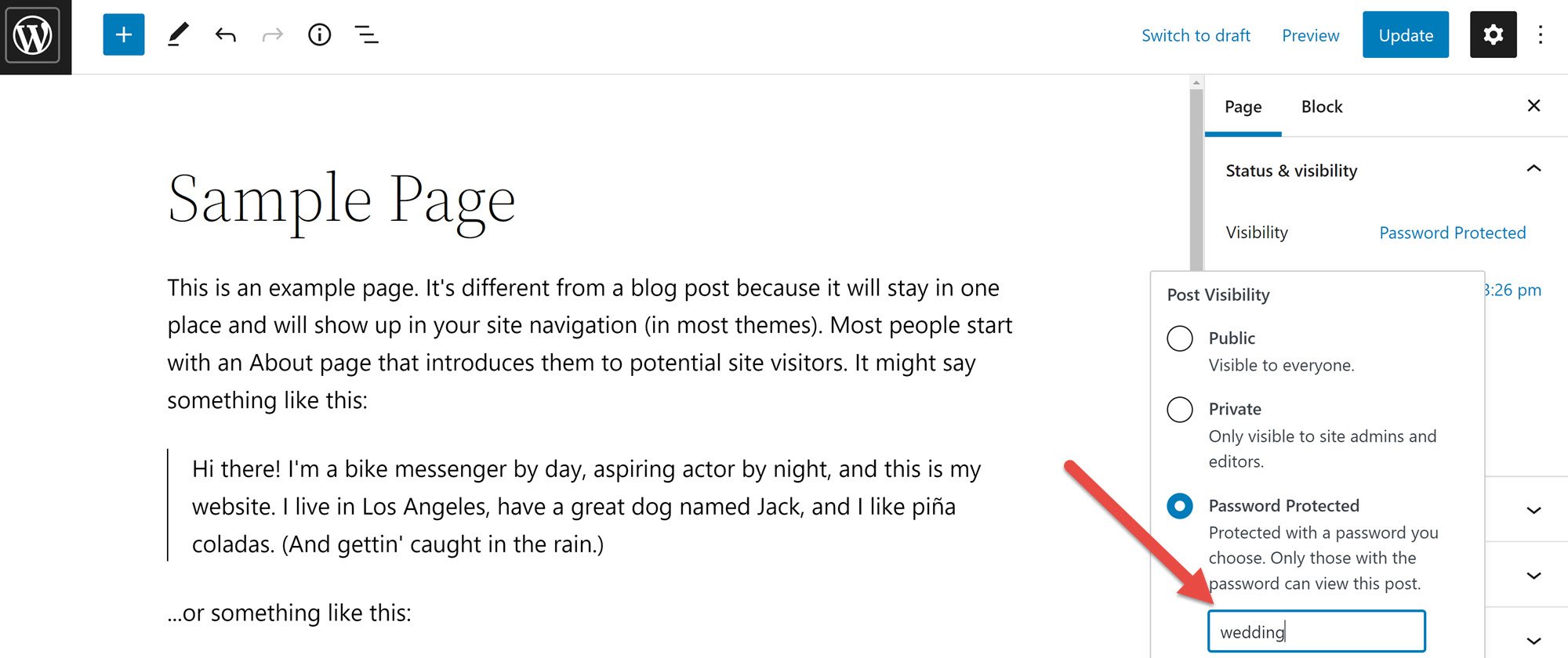 How to create a wedding website: adding a password to pages in the WordPress block editor